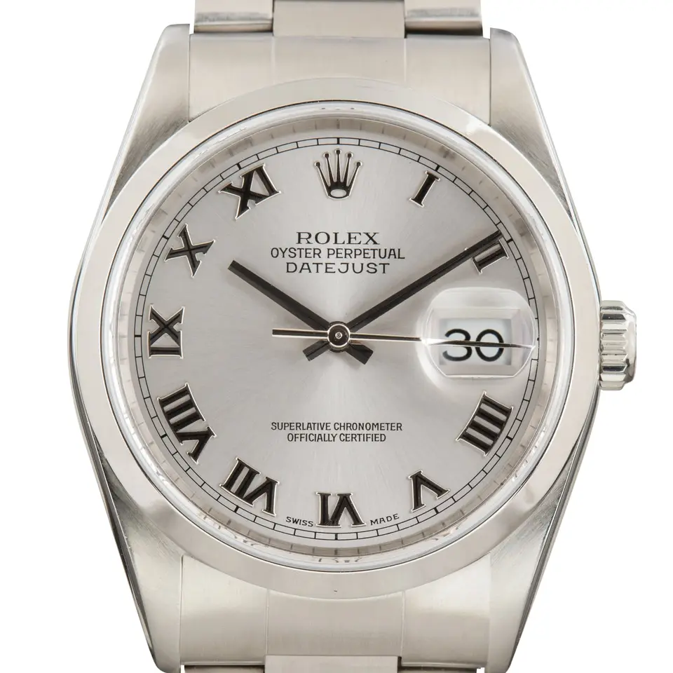 Rolex Datejust 16200 with a silver dial with Roman numerals and smooth steel bezel on an Oyster bracelet, a pre-owned example, studio close-up of the case
