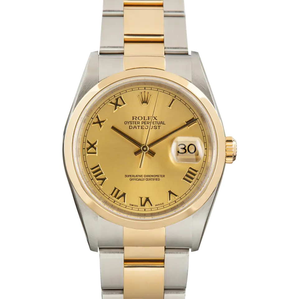 Rolex Datejust 16203 with a champagne dial with Roman numerals and smooth yellow gold bezel in steel and yellow gold on an Oyster bracelet, a pre-owned example, front view of the whole watch