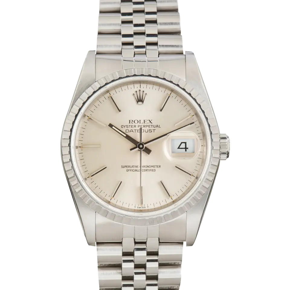 Rolex Datejust 16220 with a silver dial and engine-turned steel bezel on a Jubilee bracelet, a pre-owned example, front view of the whole watch