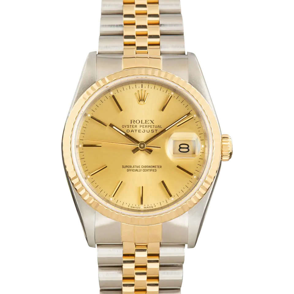 Rolex Datejust 16233 with a champagne dial and fluted yellow gold bezel in steel and yellow gold on a Jubilee bracelet, a pre-owned example, front view of the whole watch
