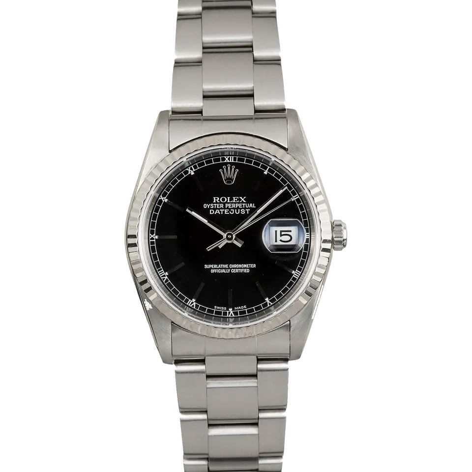 Rolex Datejust 16234 with a black dial and fluted white gold bezel on a steel Oyster bracelet, a pre-owned example, front view of the whole watch