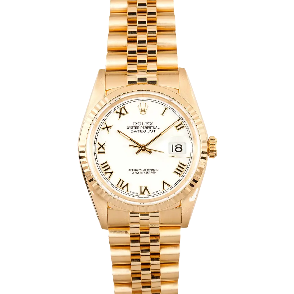 Rolex Datejust 36 16238 with a white Roman-numeral dial, fluted yellow gold bezel and yellow gold Jubilee bracelet, a pre-owned example, front view of the whole watch