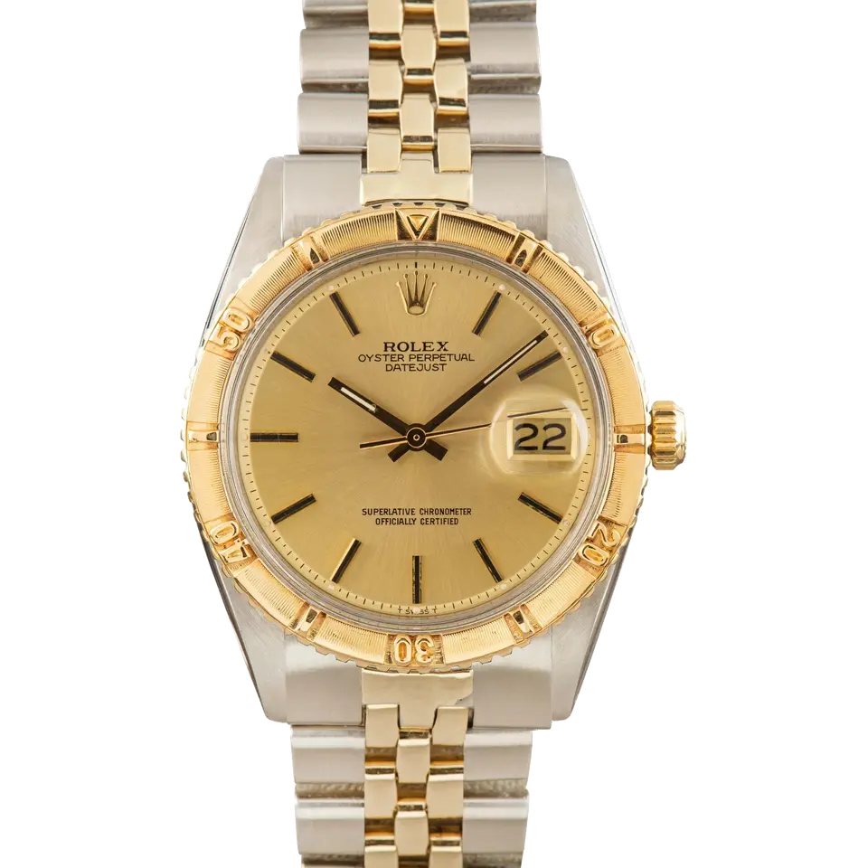Rolex Datejust 1625 with a champagne dial, yellow gold Thunderbird bezel and steel and gold Jubilee bracelet, a pre-owned example, front view of the whole watch