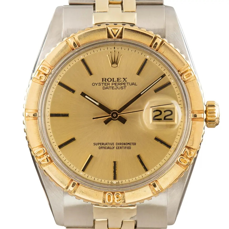 Rolex Datejust 1625 with a champagne dial, yellow gold Thunderbird bezel and steel and gold Jubilee bracelet, a pre-owned example, studio close-up of the case