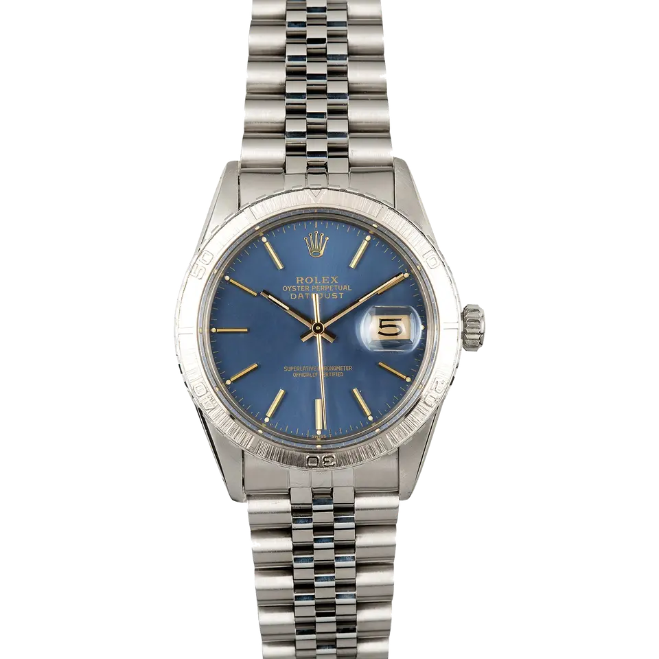Rolex Datejust 16250 with a blue dial, white gold Thunderbird bezel and steel Jubilee bracelet, a pre-owned example, front view of the whole watch