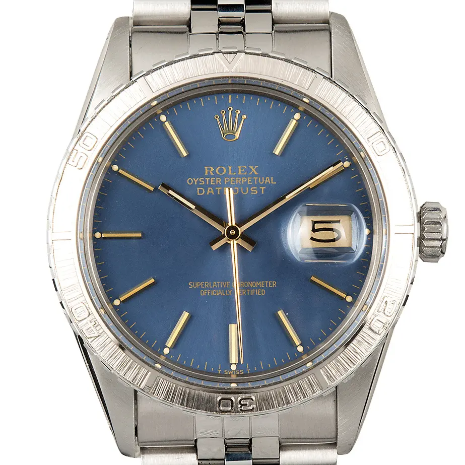 Rolex Datejust 16250 with a blue dial, white gold Thunderbird bezel and steel Jubilee bracelet, a pre-owned example, studio close-up of the case