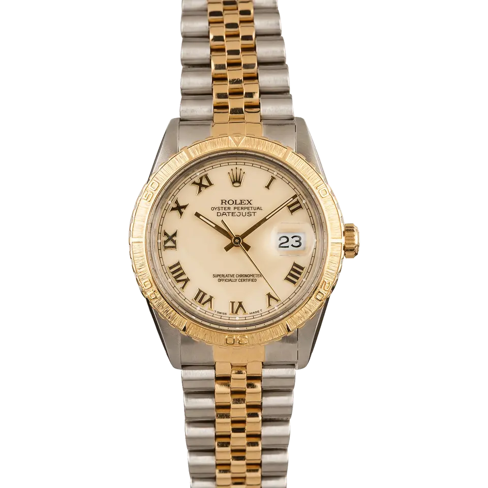 Rolex Turn-O-Graph 16253 with a cream Roman-numeral dial, yellow gold Thunderbird bezel and steel and gold Jubilee bracelet, a pre-owned example, front view of the whole watch
