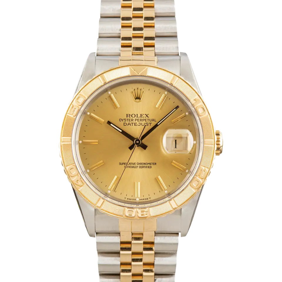 Rolex Datejust Turn-O-Graph 16263 with a champagne dial and rotating yellow gold bezel in steel and yellow gold on a Jubilee bracelet, a pre-owned example, front view of the whole watch