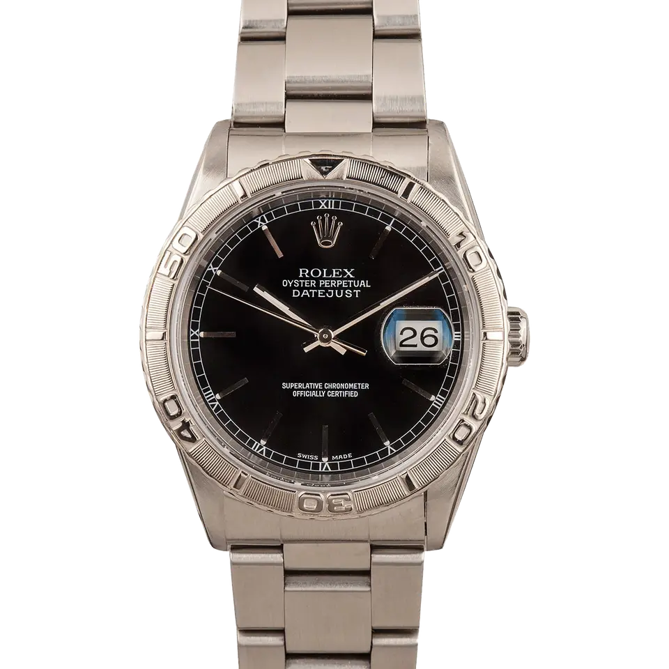 Rolex Datejust Turn-O-Graph 16264 with a black dial, white gold Thunderbird bezel and steel Jubilee bracelet, a pre-owned example, front view of the whole watch