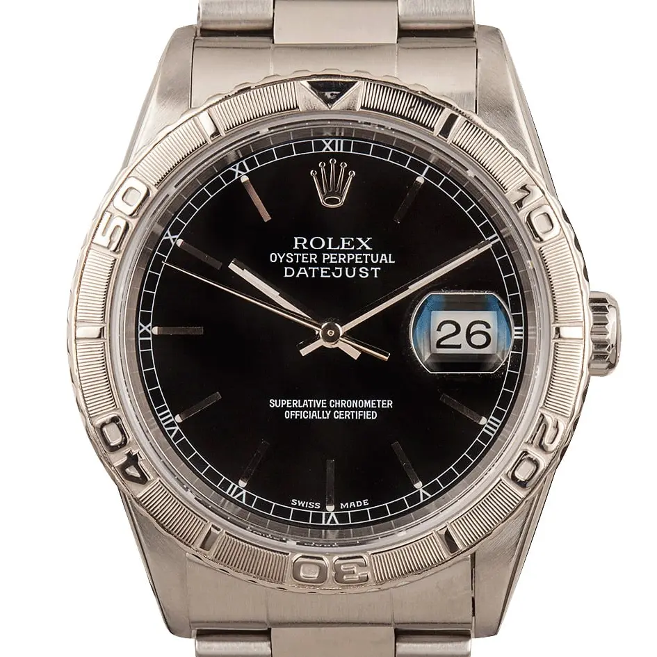 Rolex Datejust Turn-O-Graph 16264 with a black dial, white gold Thunderbird bezel and steel Jubilee bracelet, a pre-owned example, studio close-up of the case