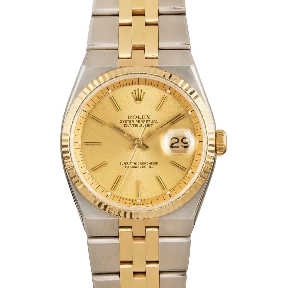 Rolex Datejust 1630 with a champagne dial, fluted yellow gold bezel and steel and gold Jubilee bracelet, a pre-owned example, front view of the whole watch