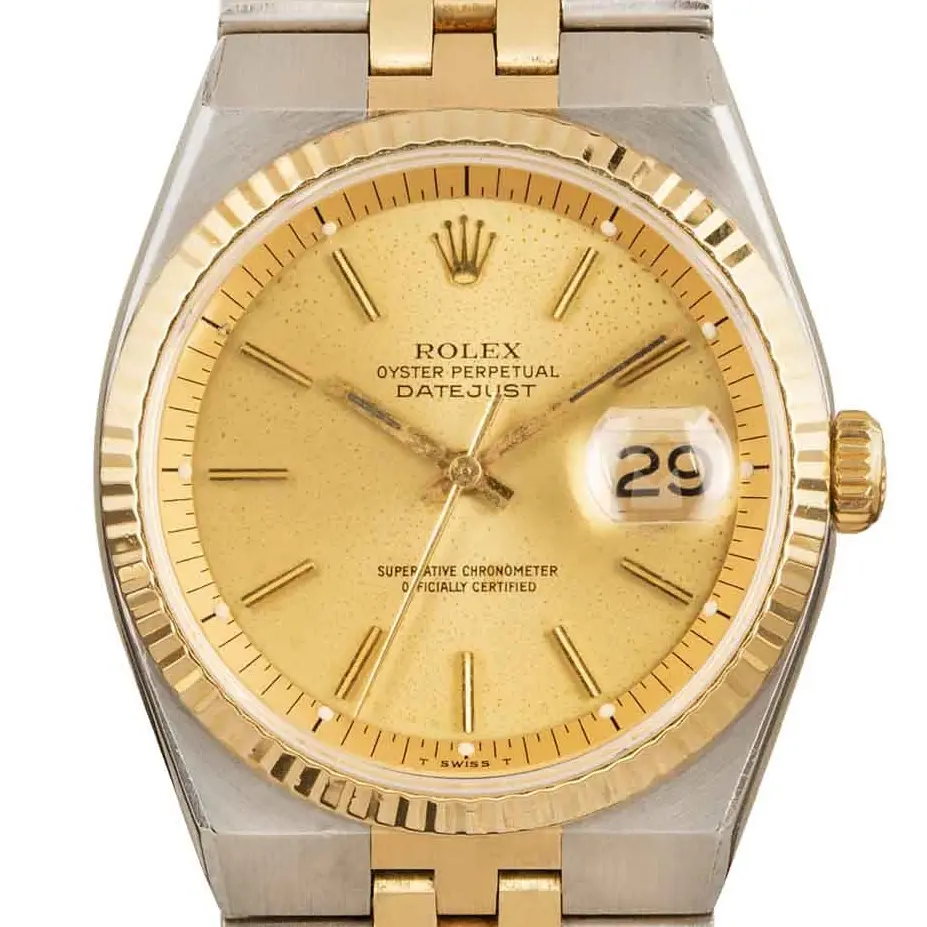 Rolex Datejust 1630 with a champagne dial, fluted yellow gold bezel and steel and gold Jubilee bracelet, a pre-owned example, studio close-up of the case