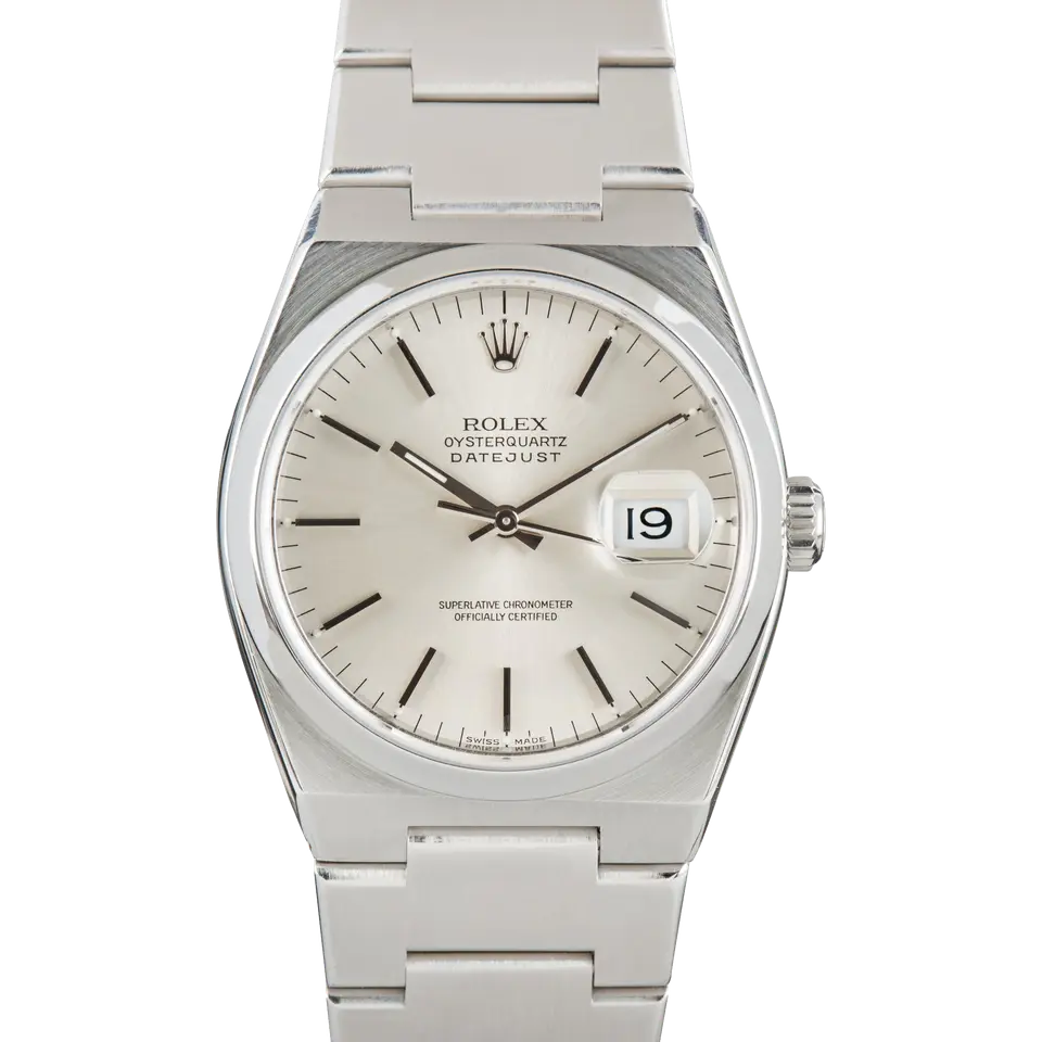 Rolex Oysterquartz Datejust 17000 with a silver dial and steel case on an integrated Oysterquartz bracelet, a pre-owned example, front view of the whole watch