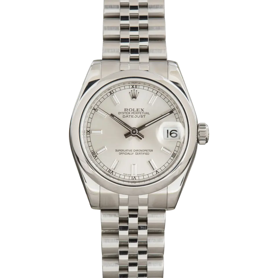Rolex Datejust 31 178240 with a silver dial and smooth steel bezel on a Jubilee bracelet, a pre-owned example, front view of the whole watch