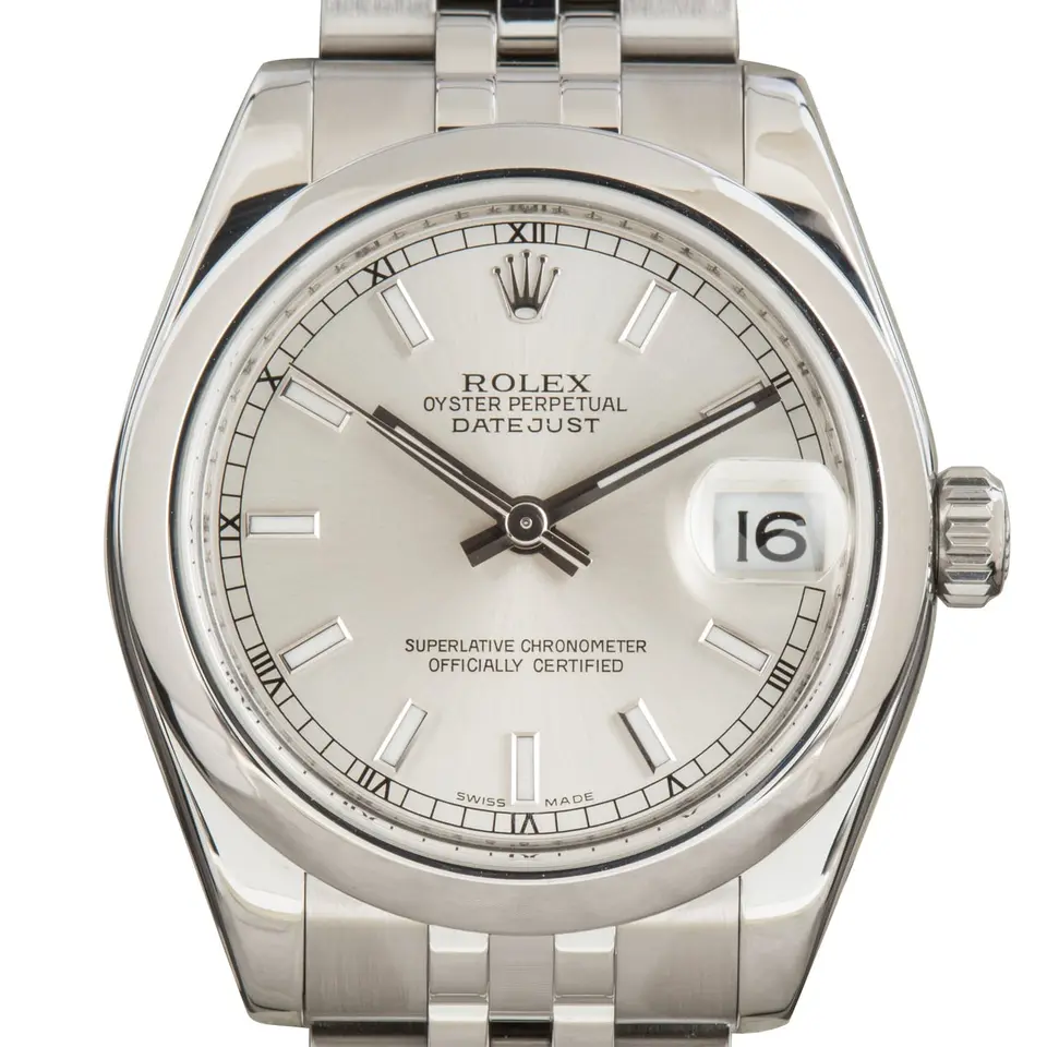 Rolex Datejust 31 178240 with a silver dial and smooth steel bezel on a Jubilee bracelet, a pre-owned example, studio close-up of the case