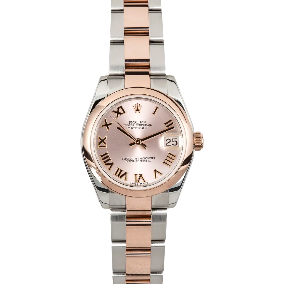 Rolex Datejust 31 178241 with a rosé dial with Roman numerals and smooth Everose bezel in steel and Everose gold on an Oyster bracelet, a pre-owned example, front view of the whole watch