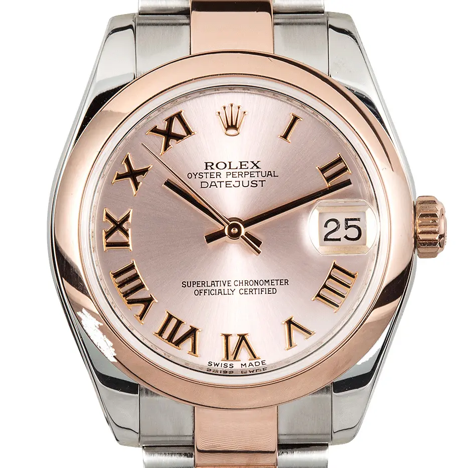 Rolex Datejust 31 178241 with a rosé dial with Roman numerals and smooth Everose bezel in steel and Everose gold on an Oyster bracelet, a pre-owned example, studio close-up of the case