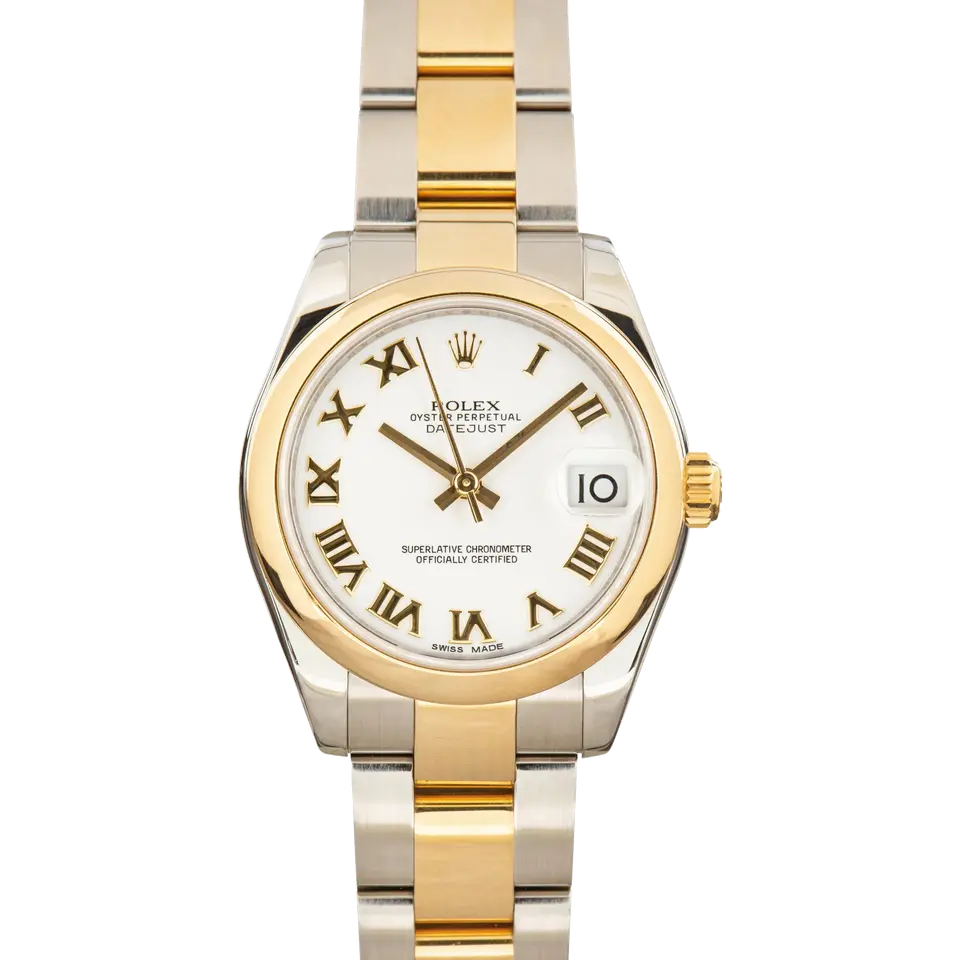 Rolex Datejust 31 178243 with a white dial with Roman numerals and smooth yellow gold bezel in steel and yellow gold on an Oyster bracelet, a pre-owned example, front view of the whole watch