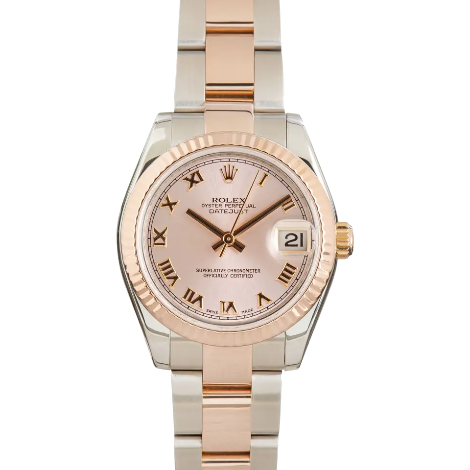 Rolex Datejust 31 178271 with a pink dial with Roman numerals and fluted Everose bezel in steel and Everose gold on an Oyster bracelet, a pre-owned example, front view of the whole watch