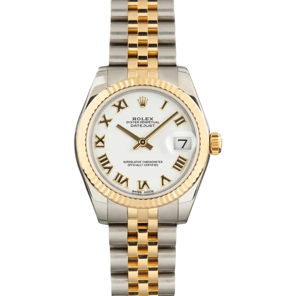 Rolex Datejust 31 178273 with a white dial with Roman numerals and fluted yellow gold bezel in steel and yellow gold on a Jubilee bracelet, a pre-owned example, front view of the whole watch