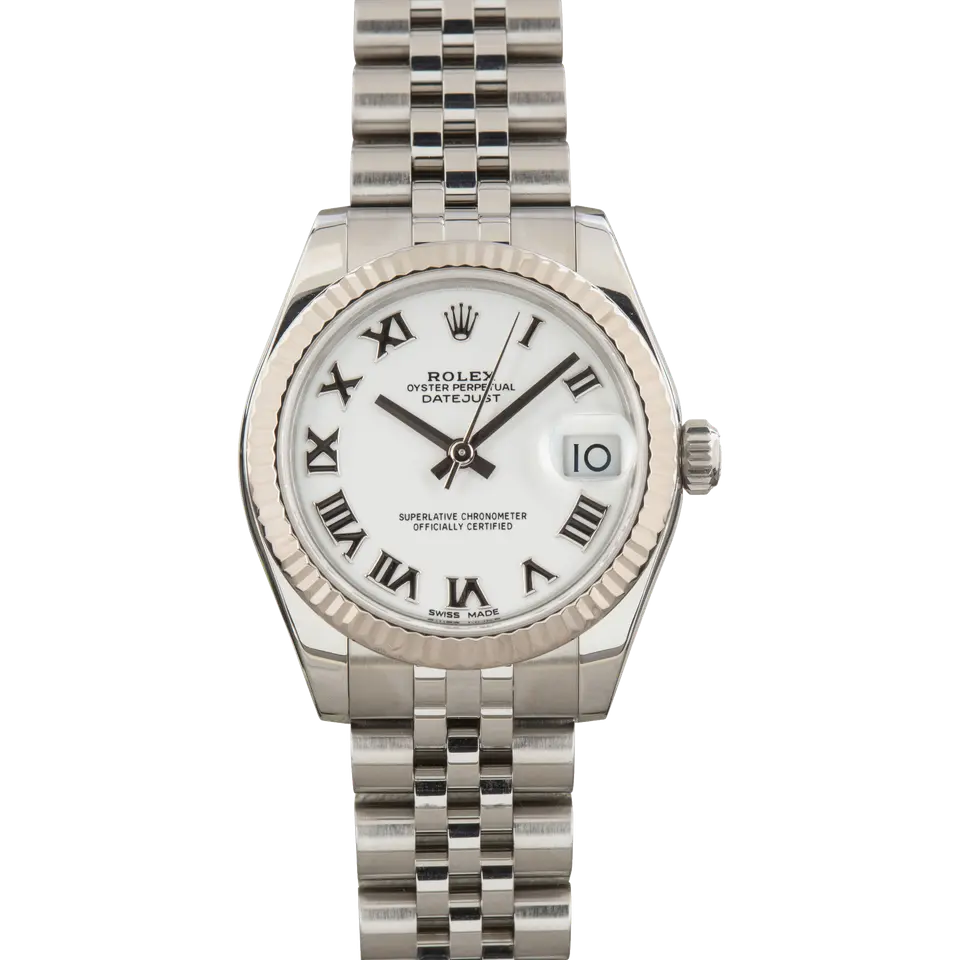 Rolex Datejust 31 178274 with a white dial with Roman numerals and fluted white gold bezel on a steel Jubilee bracelet, a pre-owned example, front view of the whole watch