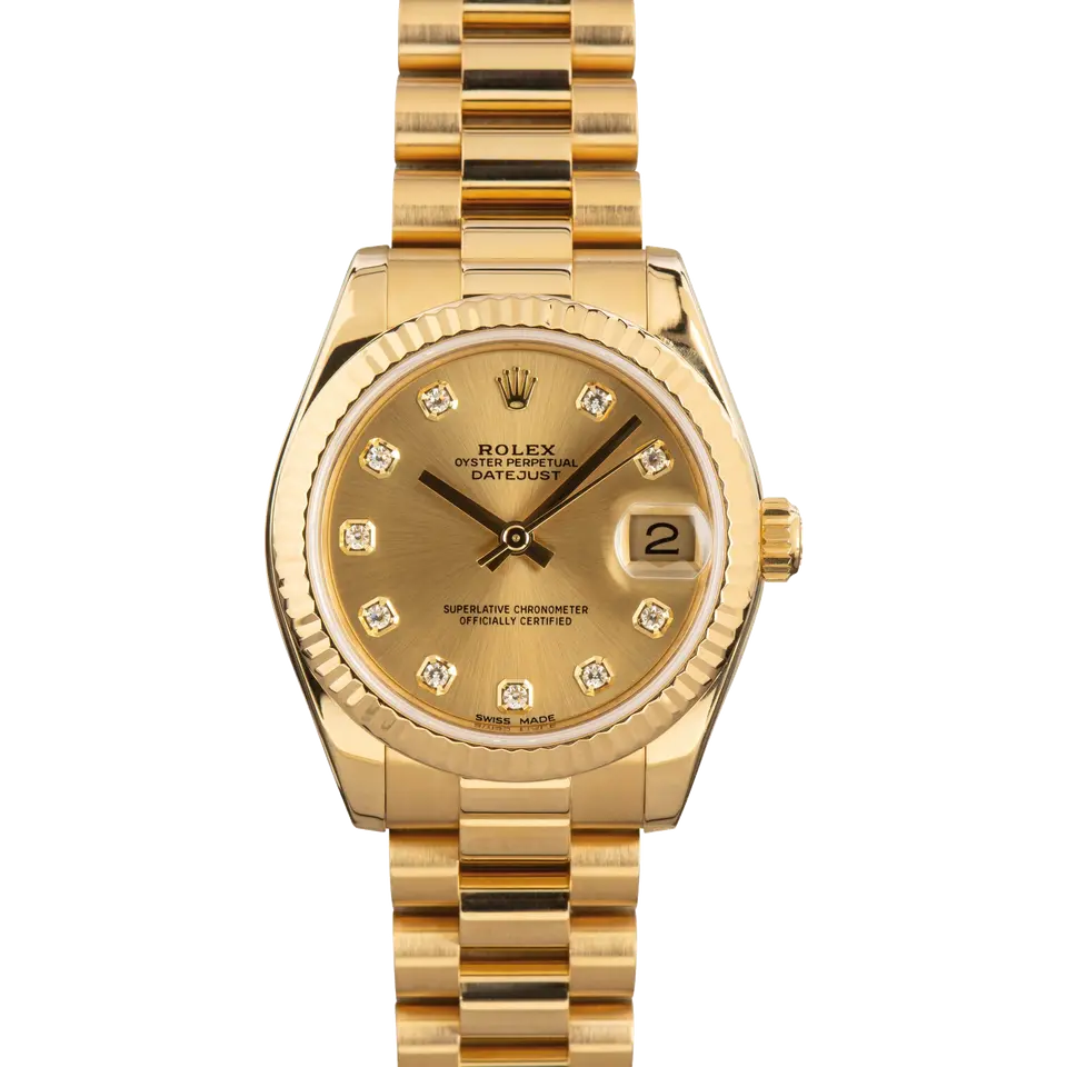 Rolex Datejust 31 178278 with a champagne dial with diamond markers and fluted bezel in yellow gold on a President bracelet, a pre-owned example, front view of the whole watch