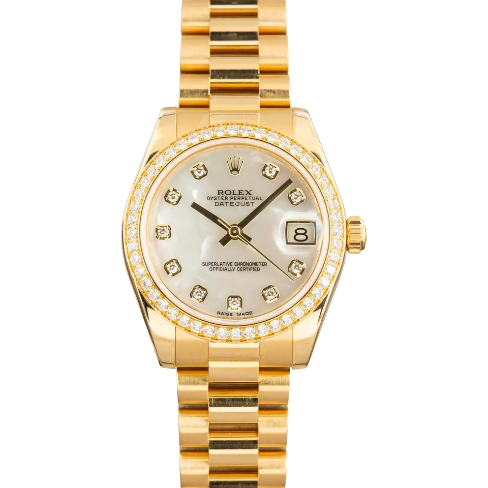 Rolex Datejust 31 178288 with a mother-of-pearl dial with diamond hour markers, diamond-set bezel and yellow gold Jubilee bracelet, a pre-owned example, front view of the whole watch