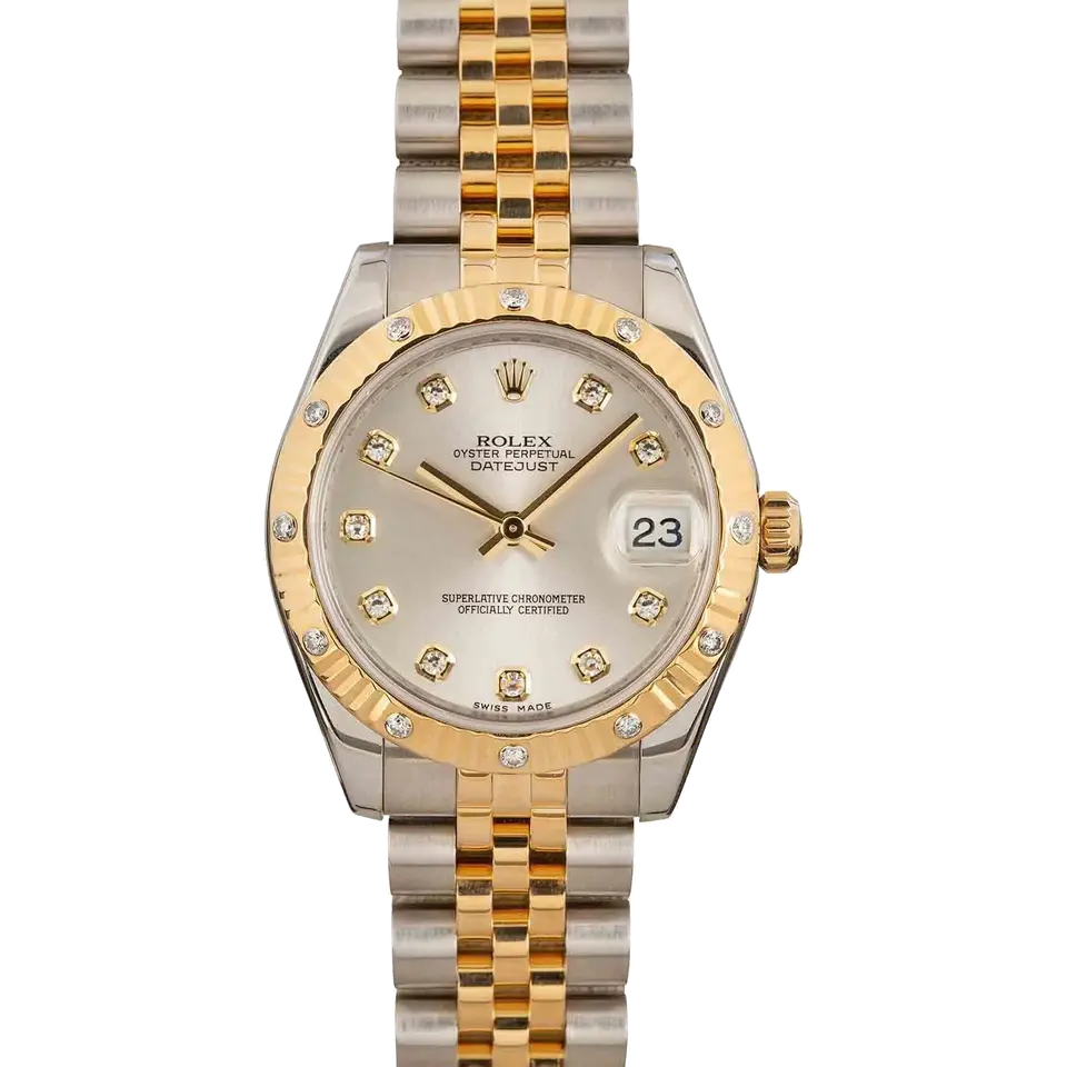 Rolex Datejust 31 178313 with a silver dial with diamond hour markers, yellow gold bezel with diamonds and steel and gold Jubilee bracelet, a pre-owned example, front view of the whole watch