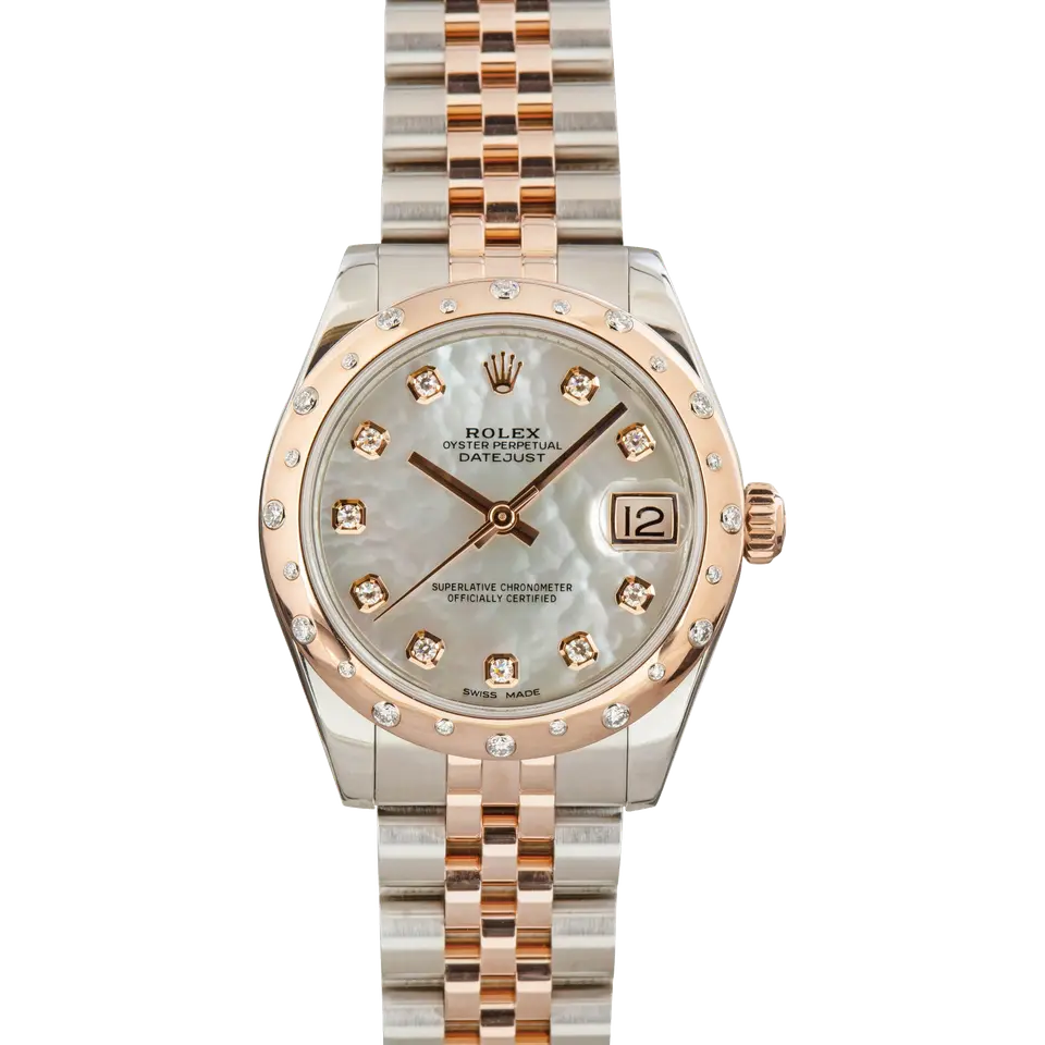 Rolex Datejust 31 178341 with a mother-of-pearl dial with diamond markers and diamond-set Everose bezel in steel and Everose gold on a Jubilee bracelet, a pre-owned example, front view of the whole watch