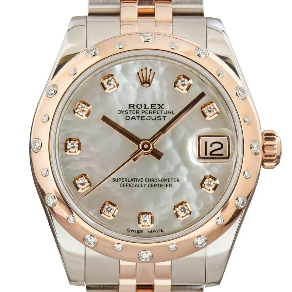 Rolex Datejust 31 178341 with a mother-of-pearl dial with diamond markers and diamond-set Everose bezel in steel and Everose gold on a Jubilee bracelet, a pre-owned example, studio close-up of the case