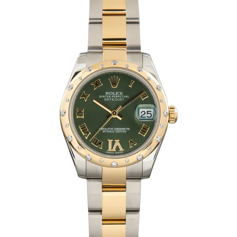 Rolex Datejust 31 178343 with an olive green dial with Roman numerals and diamond-set yellow gold bezel in steel and yellow gold on an Oyster bracelet, a pre-owned example, front view of the whole watch