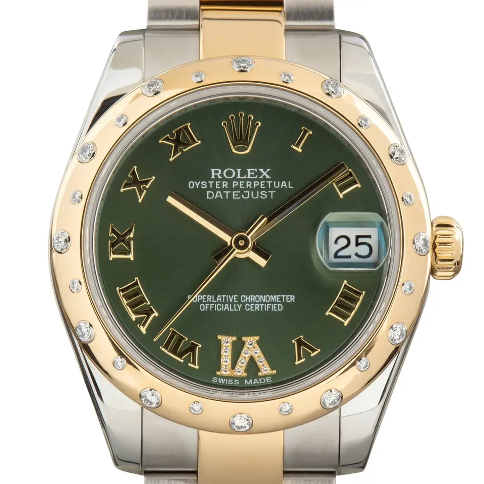 Rolex Datejust 31 178343 with an olive green dial with Roman numerals and diamond-set yellow gold bezel in steel and yellow gold on an Oyster bracelet, a pre-owned example, studio close-up of the case