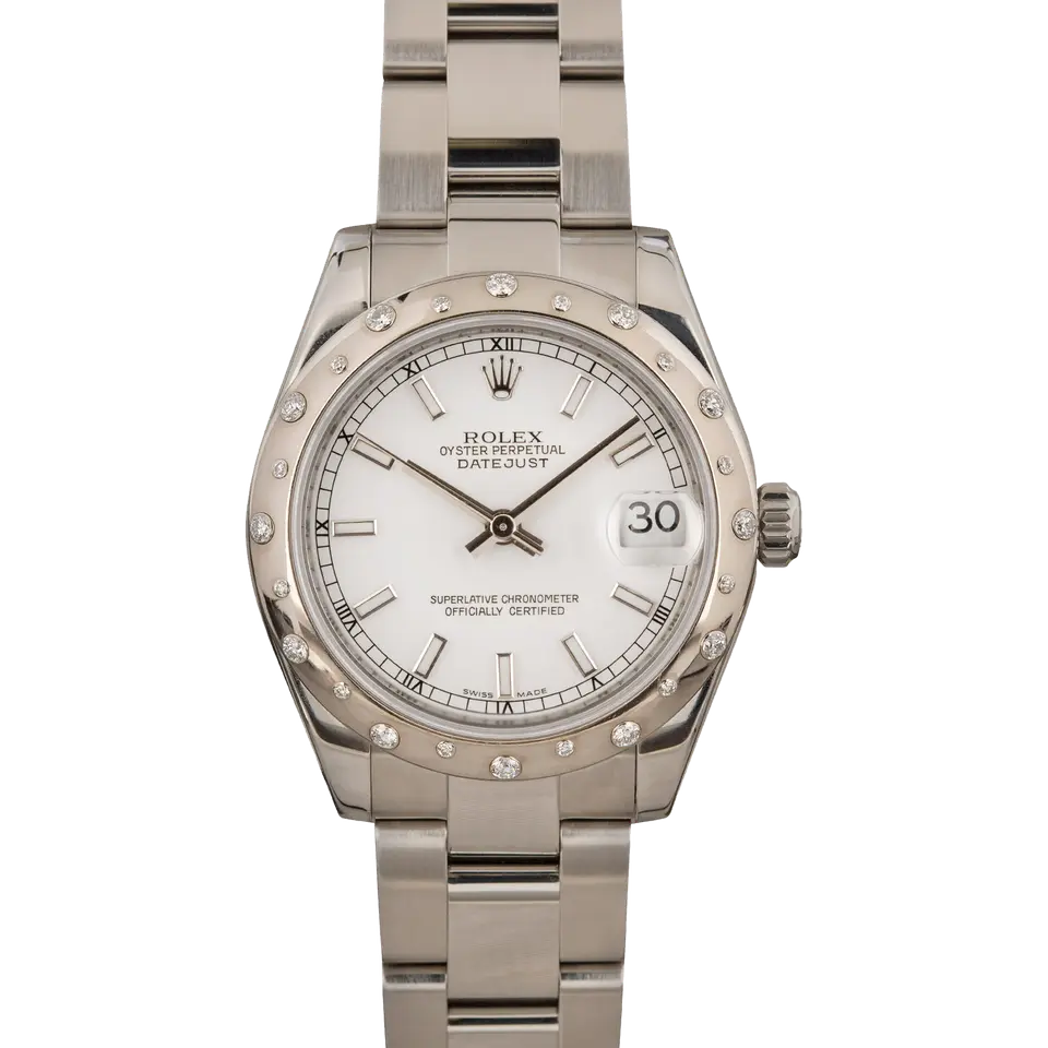 Rolex Datejust 31 178344 with a white dial and diamond-set white gold bezel on a steel Oyster bracelet, a pre-owned example, front view of the whole watch