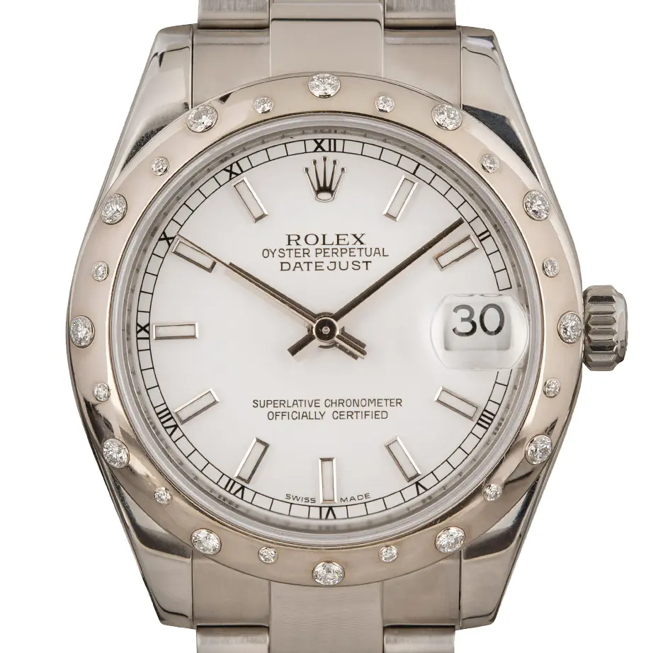 Rolex Datejust 31 178344 with a white dial and diamond-set white gold bezel on a steel Oyster bracelet, a pre-owned example, studio close-up of the case