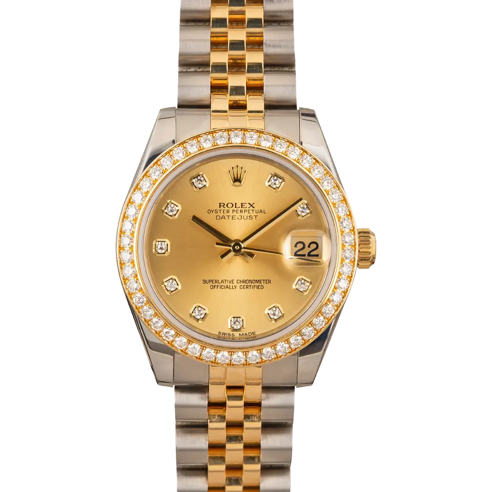Rolex Datejust 31 178383 with a champagne dial with diamond hour markers, diamond-set bezel and steel and gold Jubilee bracelet, a pre-owned example, front view of the whole watch