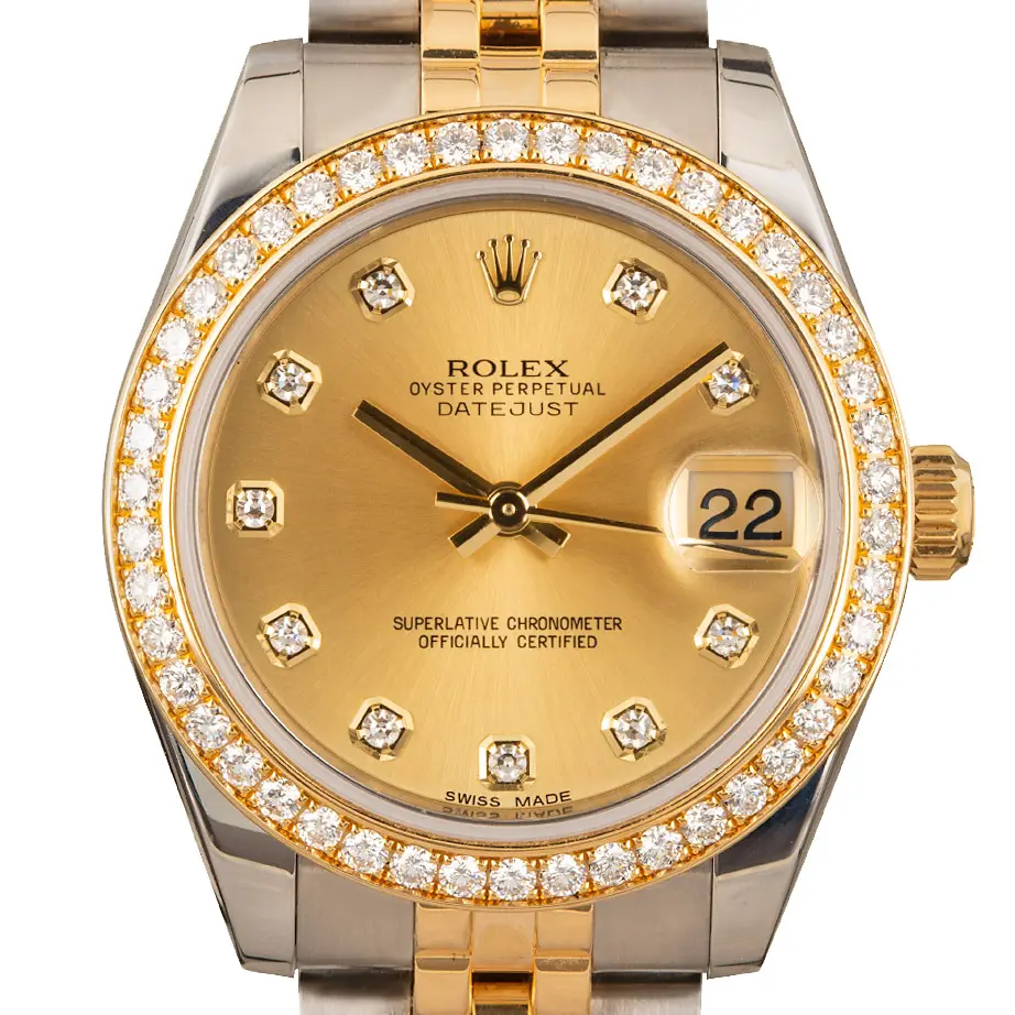 Rolex Datejust 31 178383 with a champagne dial with diamond hour markers, diamond-set bezel and steel and gold Jubilee bracelet, a pre-owned example, studio close-up of the case