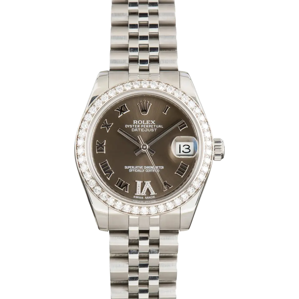 Rolex Datejust 31 178384 with a bronze dial with Roman numerals and diamond-set white gold bezel on a steel Jubilee bracelet, a pre-owned example, front view of the whole watch