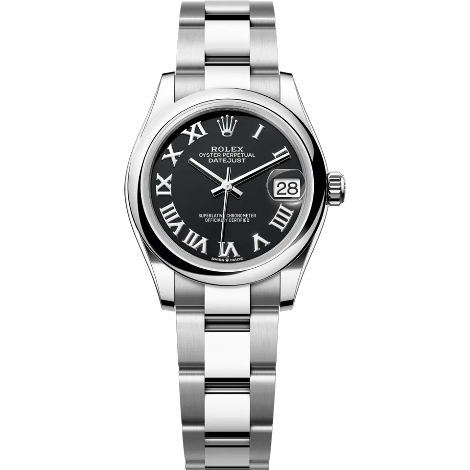 Rolex Datejust 31 278240 with a black dial with Roman numerals and a smooth steel bezel on an Oyster bracelet, front view