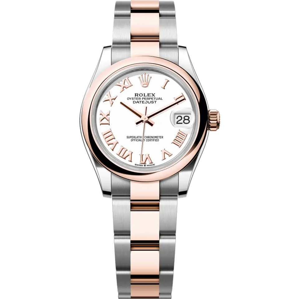 Rolex Datejust 31 278241 with a white dial with Everose Roman numerals and a smooth Everose gold bezel on an Everose Rolesor Oyster bracelet, front view