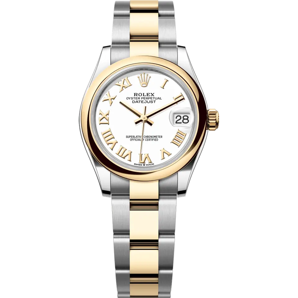 Rolex Datejust 31 278243 with a white Roman-numeral dial and a smooth domed yellow gold bezel on a yellow Rolesor Oyster bracelet, front view