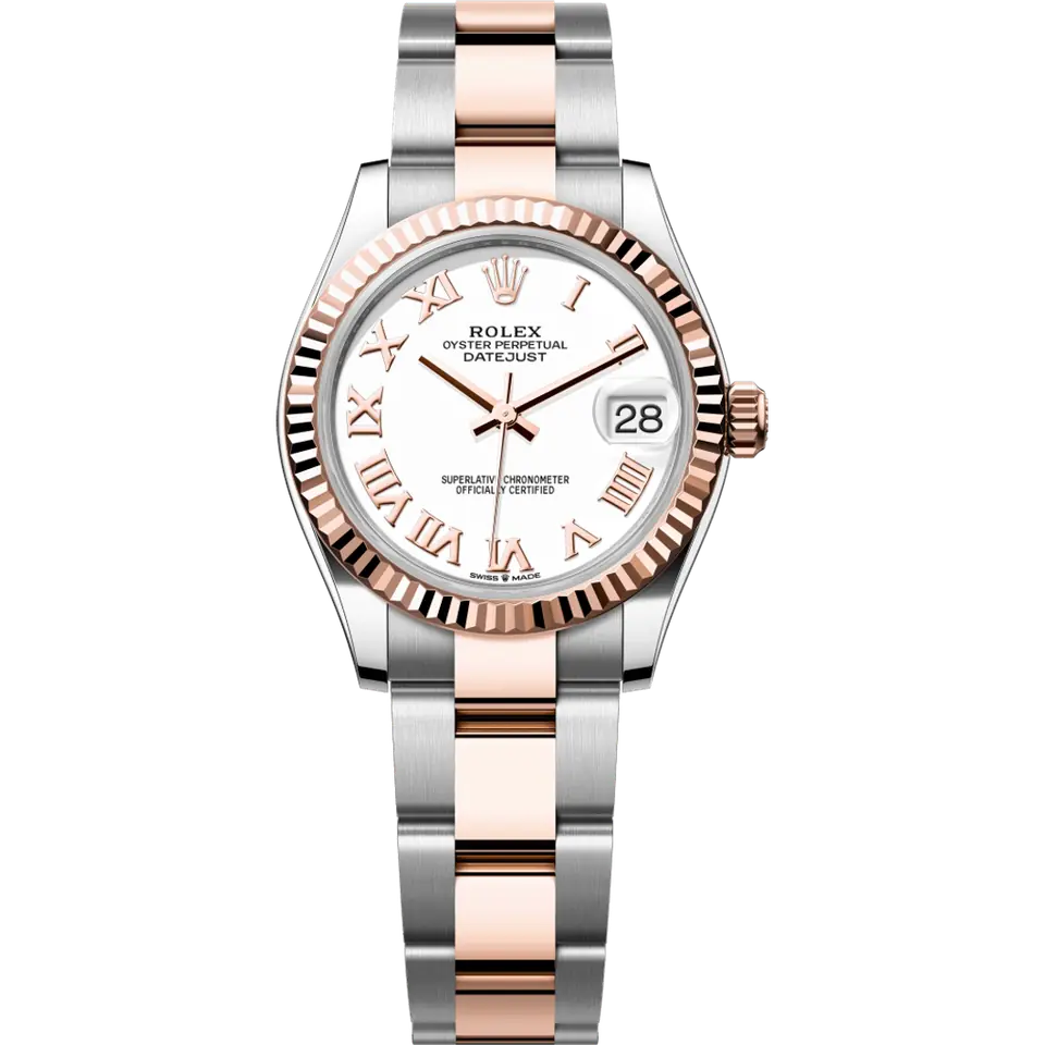 Rolex Datejust 31 278271 with a white dial with Roman numerals and a fluted Everose gold bezel on an Everose Rolesor Oyster bracelet, front view