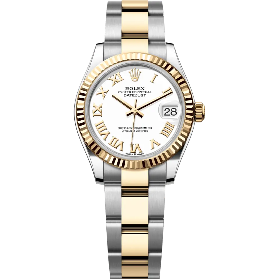 Rolex Datejust 31 278273 with a white dial with Roman numerals and a fluted yellow gold bezel on a yellow Rolesor Oyster bracelet, front view