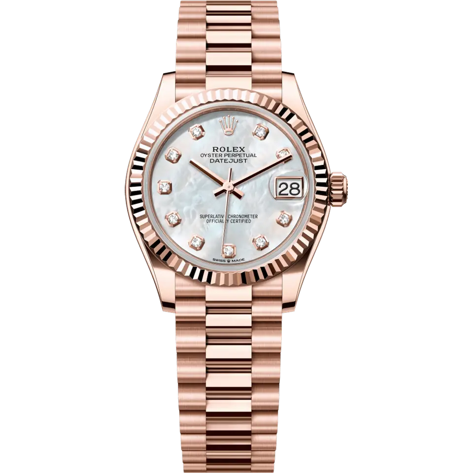 Rolex Datejust 31 278275 with a white mother-of-pearl dial with diamond markers and a fluted Everose gold bezel on an Everose President bracelet, front view