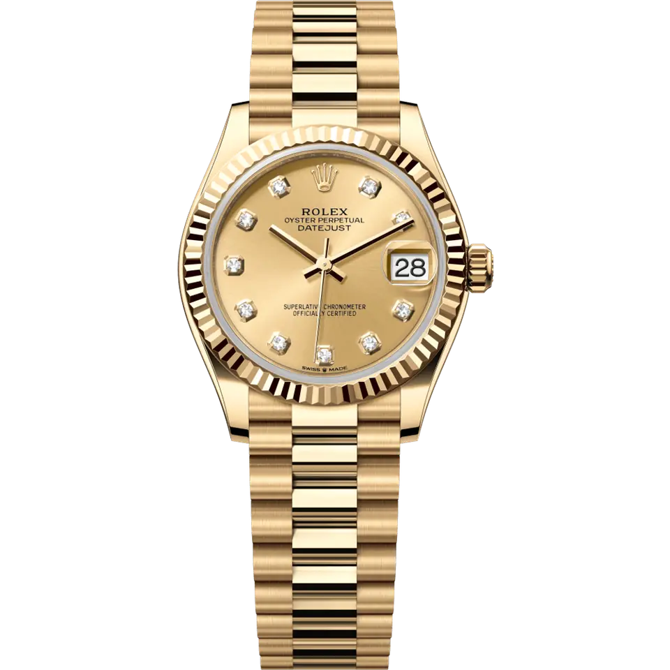 Rolex Datejust 31 278278 with a champagne dial with diamond markers and a fluted yellow gold bezel on a yellow gold President bracelet, front view