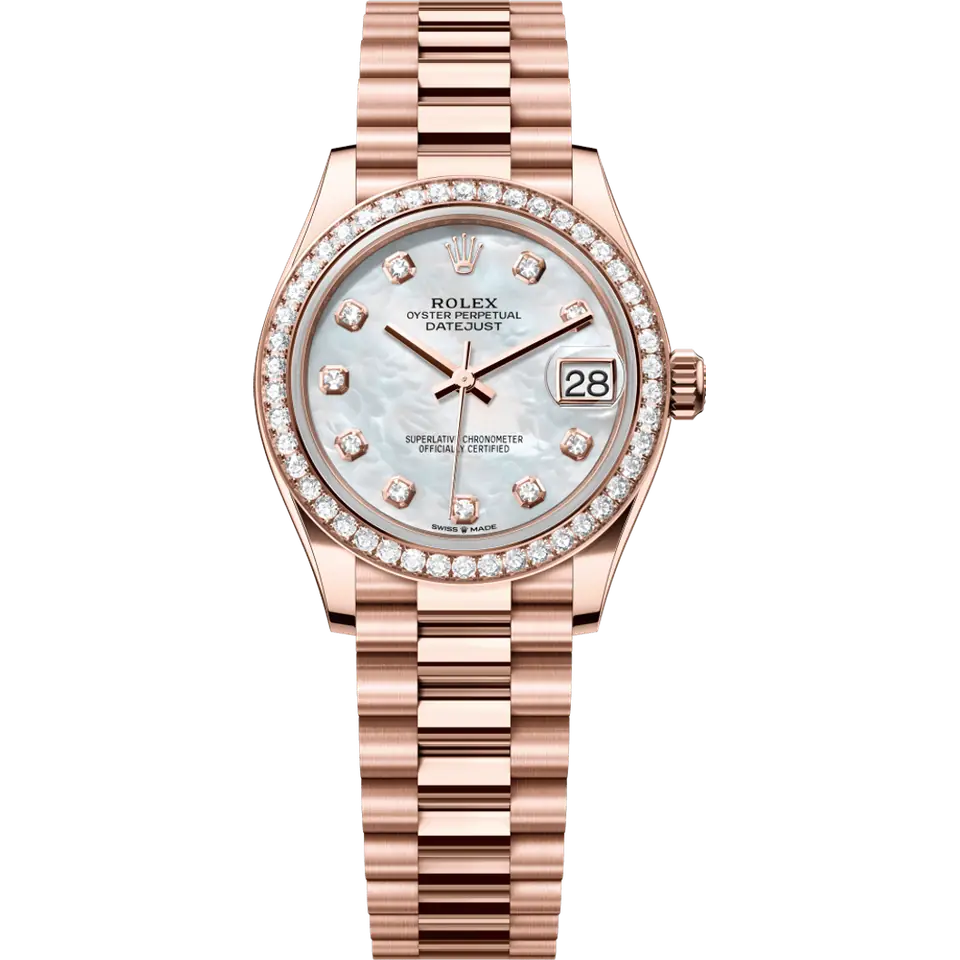 Rolex Datejust 31 278285RBR with a white mother-of-pearl dial with diamond markers and a diamond-set Everose gold bezel on an Everose President bracelet, front view