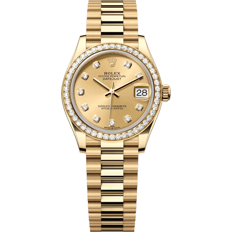 Rolex Datejust 31 278288RBR with a champagne dial with diamond markers and a diamond-set yellow gold bezel on a yellow gold President bracelet, front view
