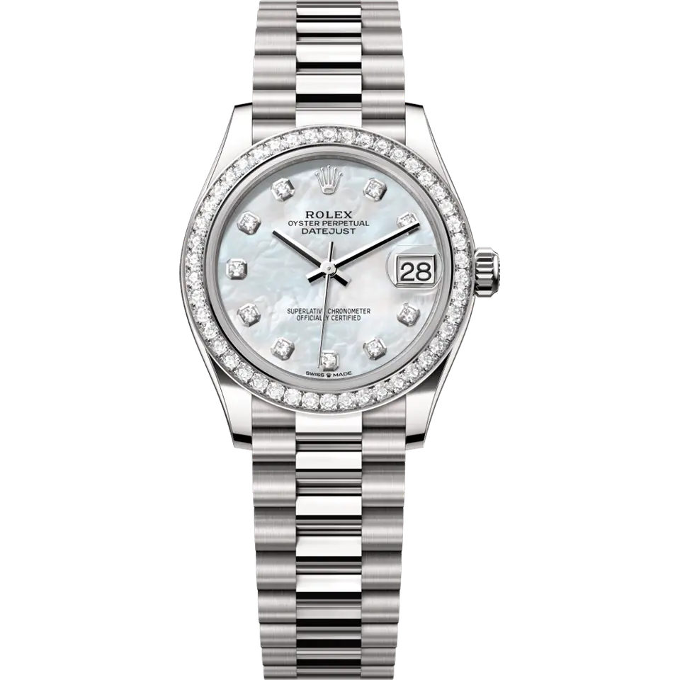Rolex Datejust 31 278289RBR with a white mother-of-pearl dial with diamond markers and a diamond-set white gold bezel on a white gold President bracelet, front view
