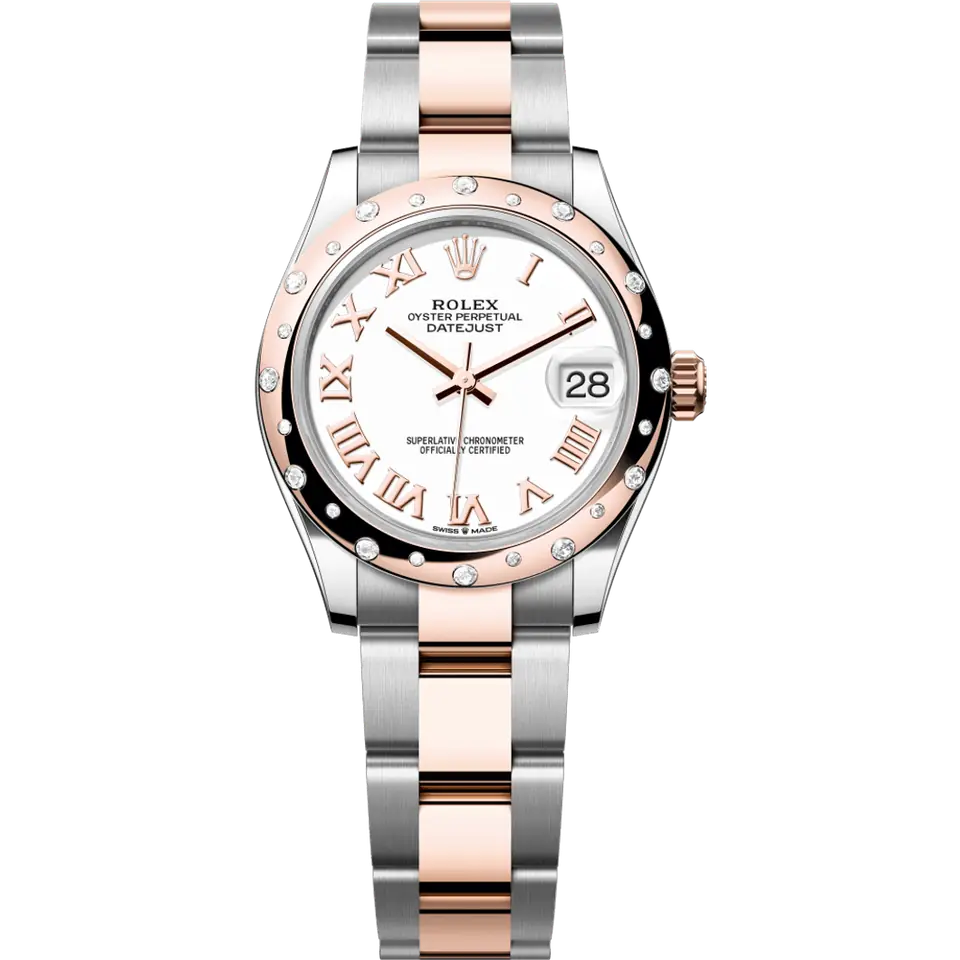Rolex Datejust 31 278341RBR with a white dial with Roman numerals and a diamond-set Everose gold bezel on an Everose Rolesor Oyster bracelet, front view