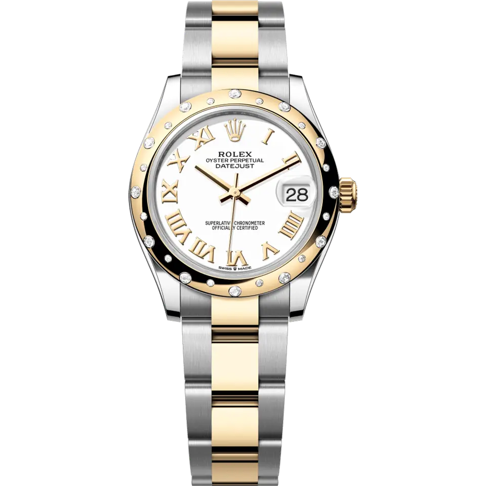Rolex Datejust 31 278343RBR with a white Roman-numeral dial and a domed yellow gold bezel set with diamonds on a yellow Rolesor Oyster bracelet, front view