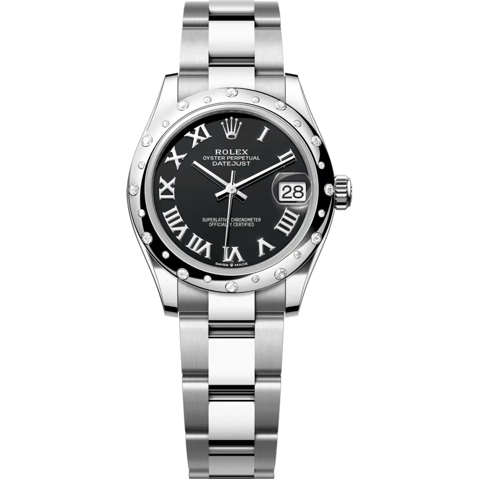 Rolex Datejust 31 278344RBR with a black Roman-numeral dial and a domed white gold bezel set with diamonds on an Oyster bracelet, front view